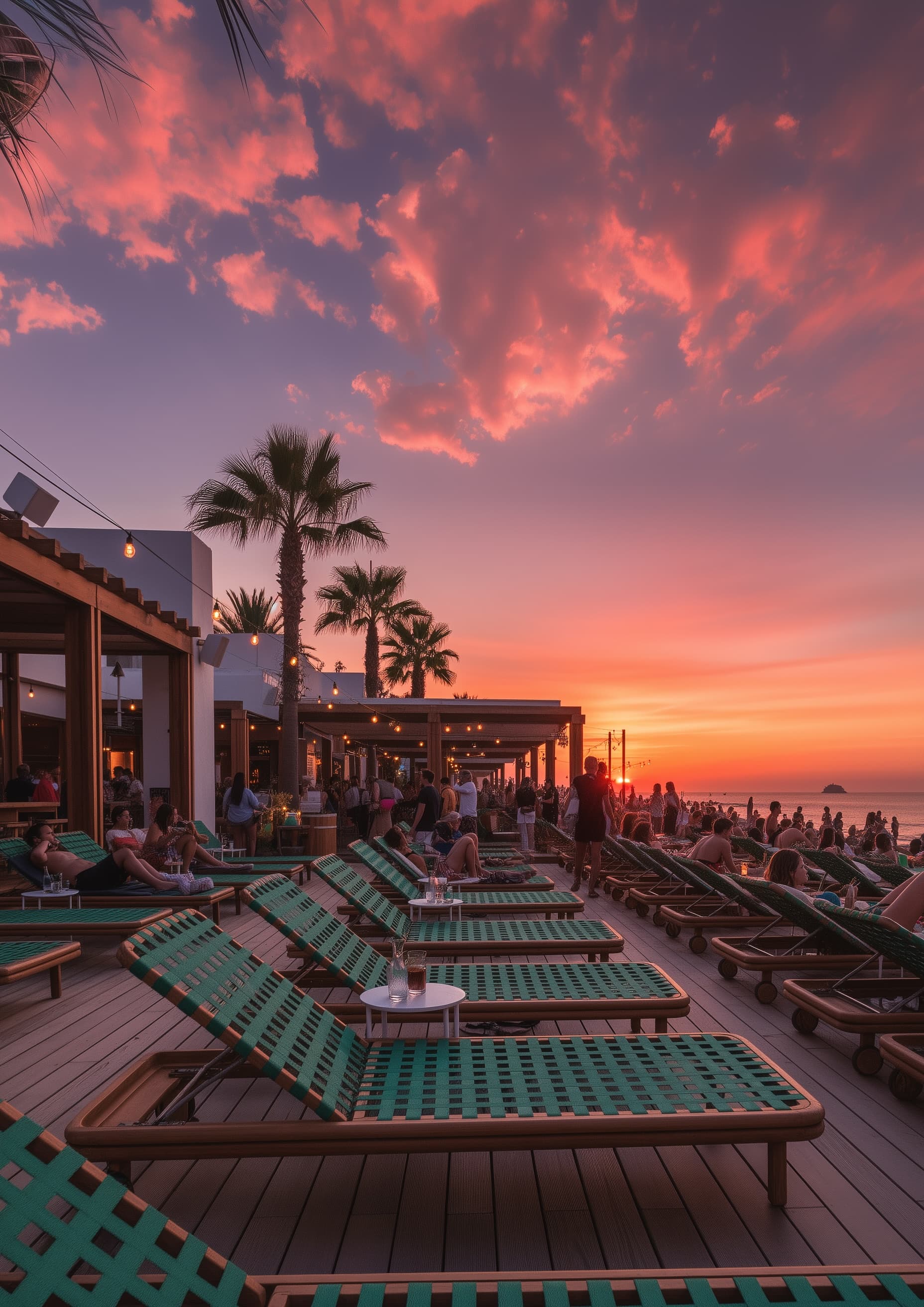 Sunbeds along the beach club pool